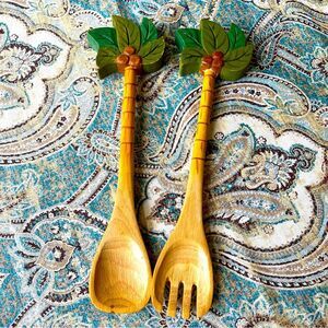 Carved Wooden Salad Tongs Coconut Palm Design Vintage Tropical Serving Utensils